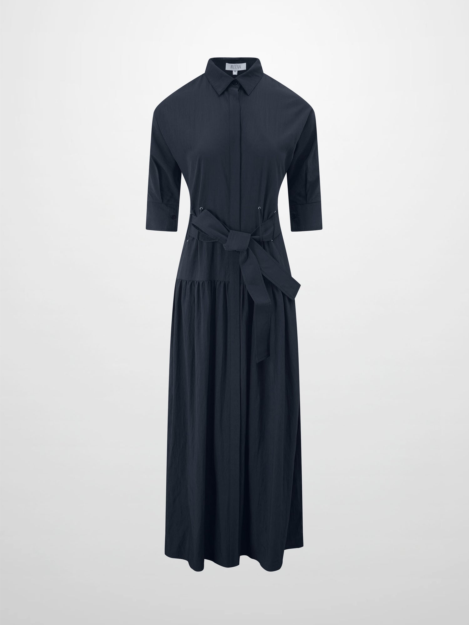 Cotton Yoke Gathered Dress-Navy