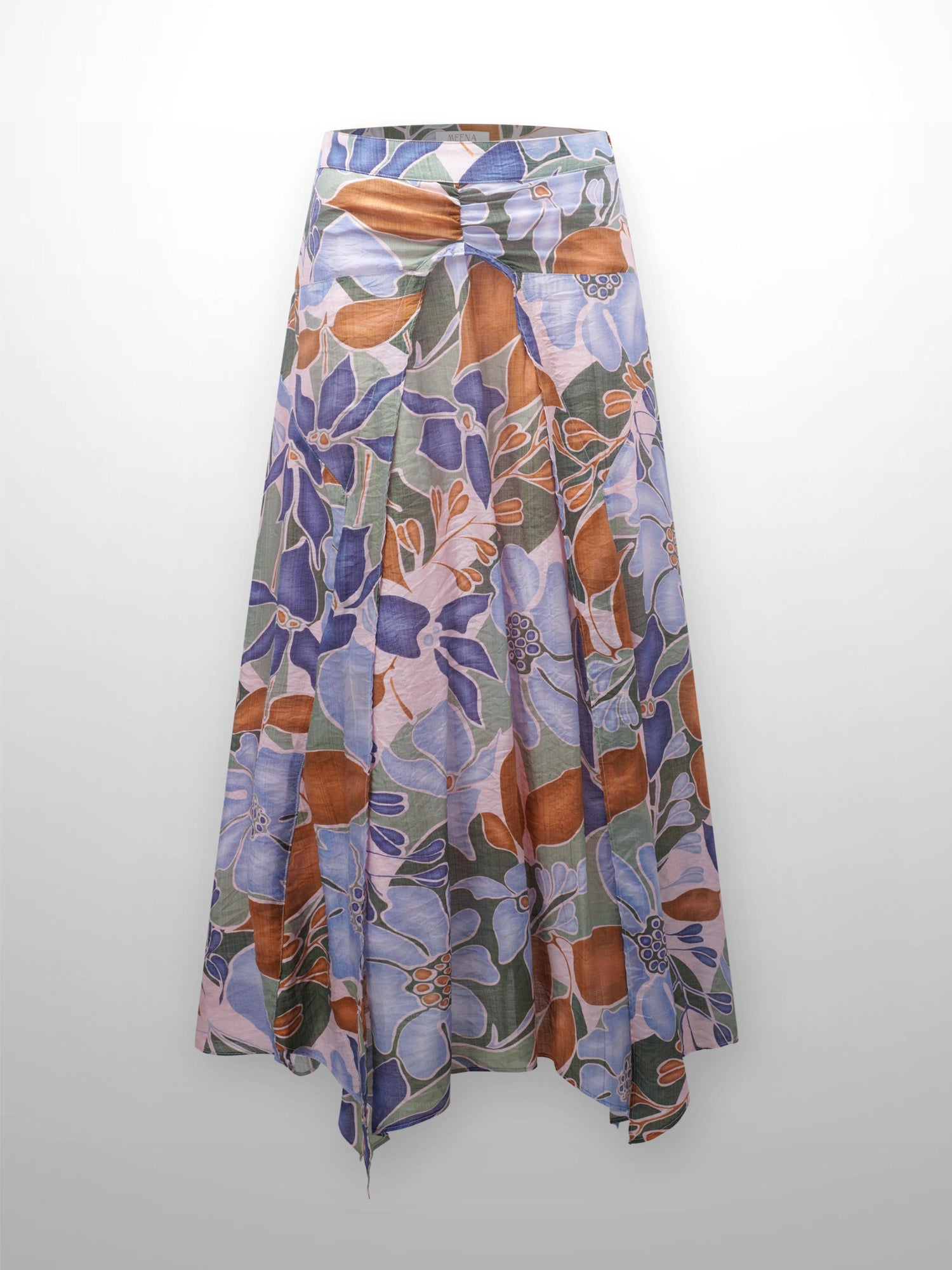 Asymmetrical Hem Ruffle Skirt-Brown Blue Floral