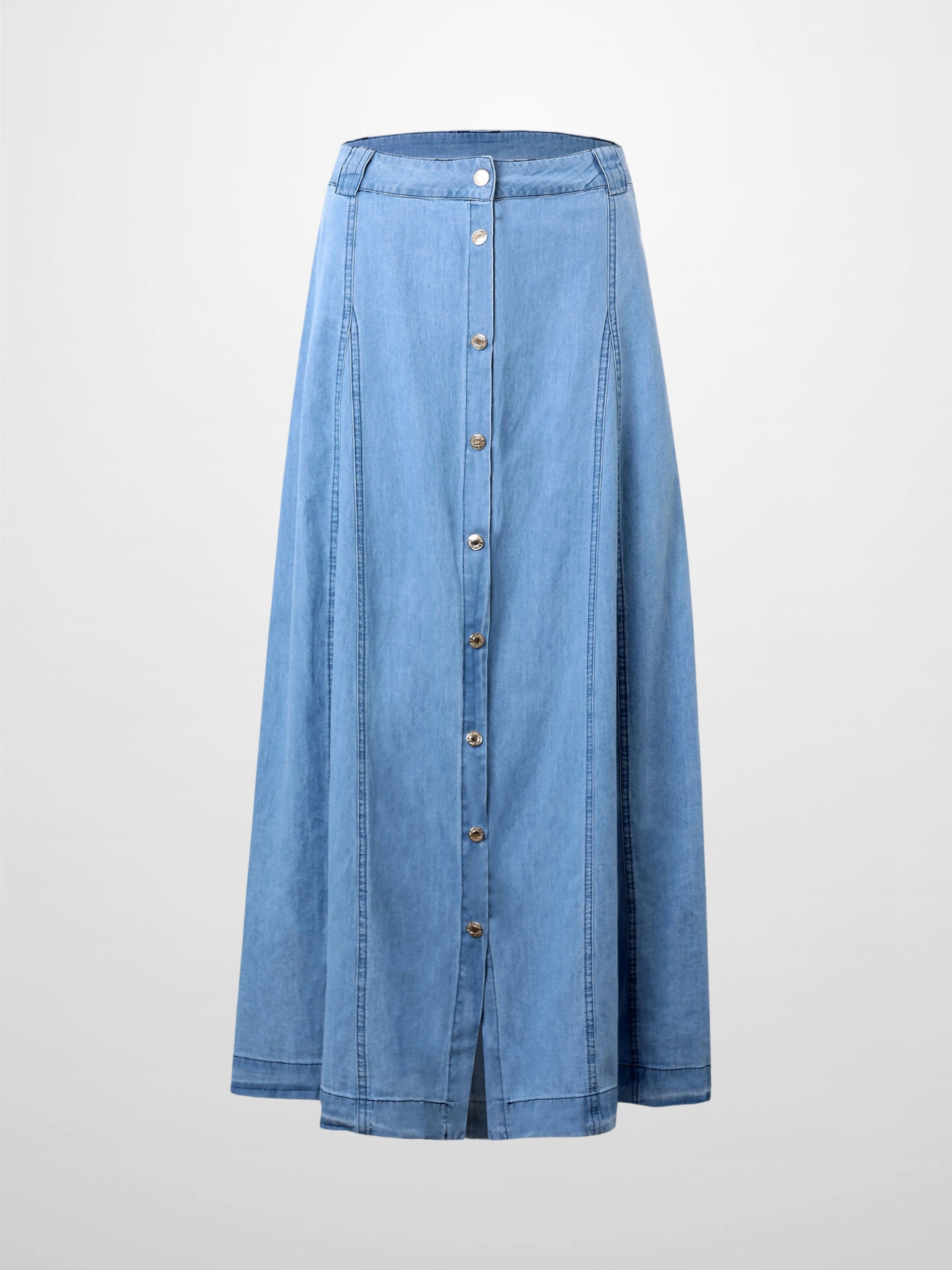 Chambray Seamed Button Down Denim Skirt-Blue