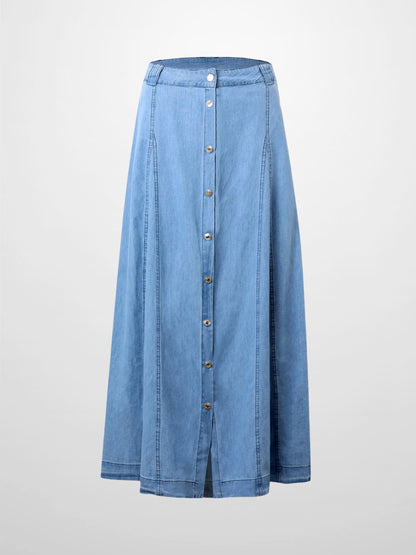 Chambray Seamed Button Down Denim Skirt-Blue