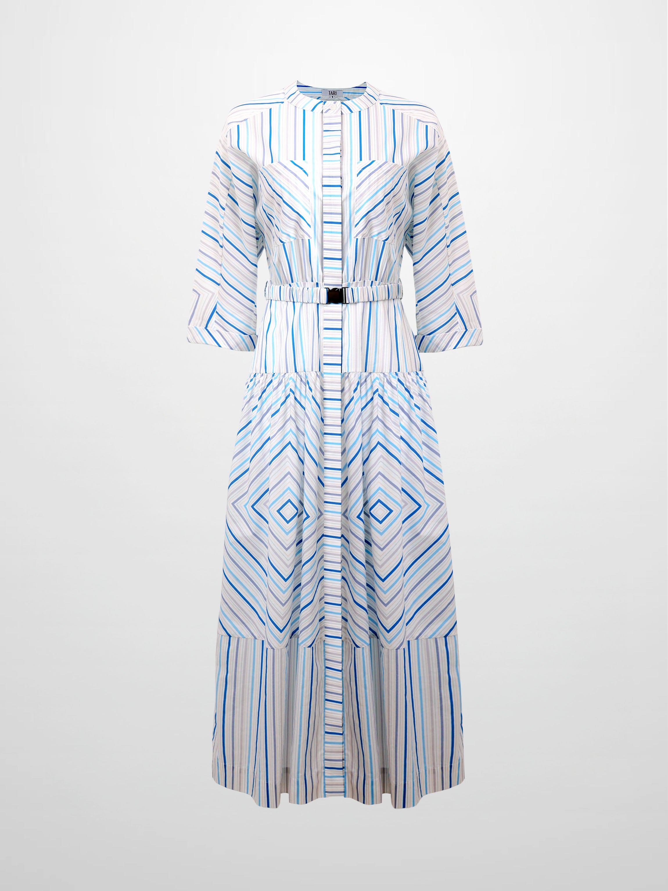 Belted Wide Sleeve Dress-Blue Stripe