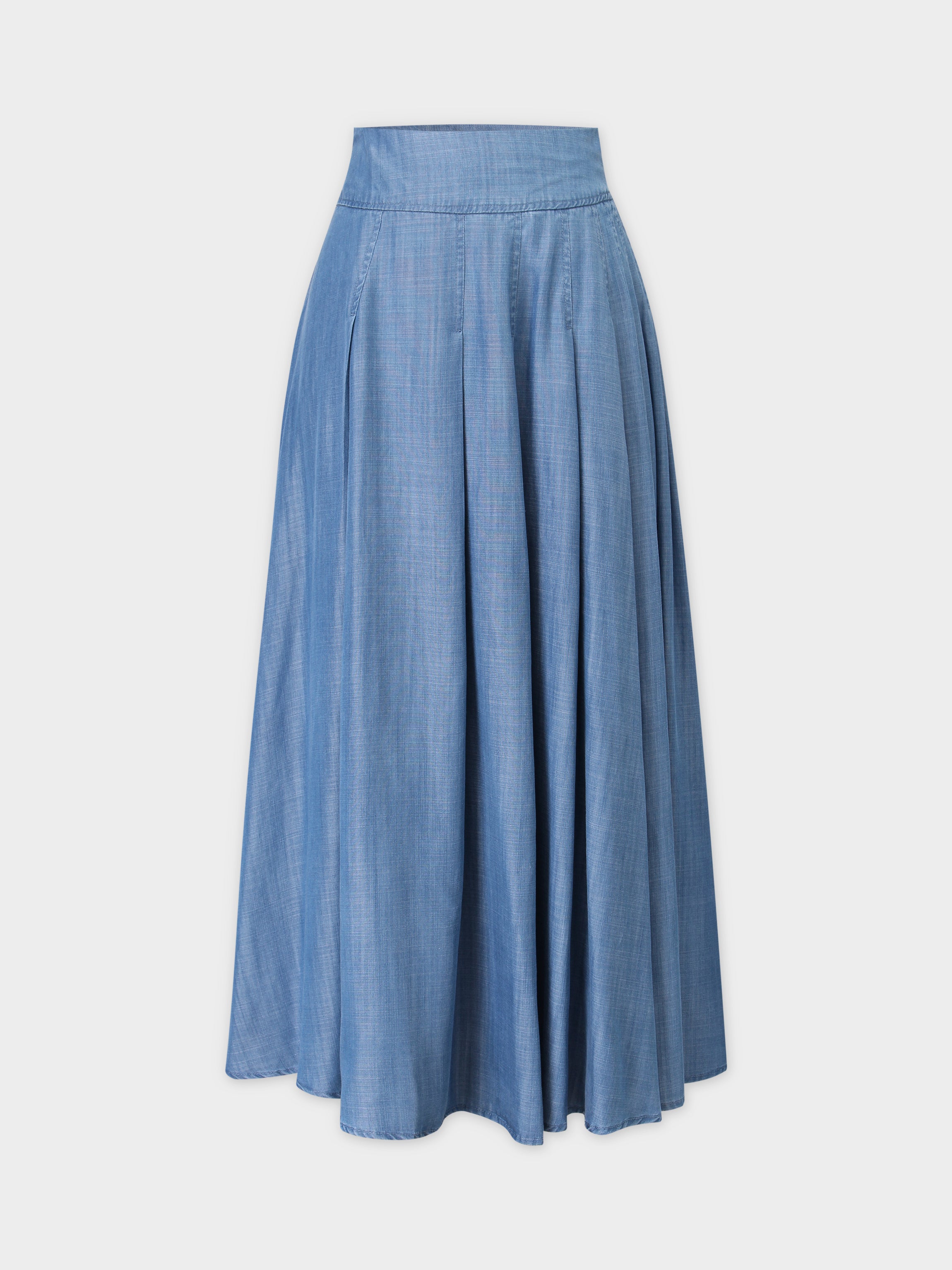 CHAMBRAY DENIM PLEATED SKIRT-BLUE