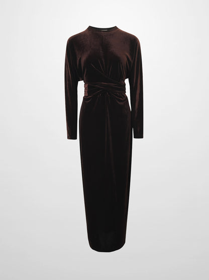 Velour Wrap Tie Maxi Dress-Brown