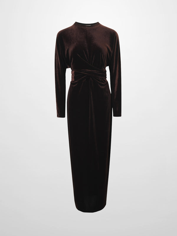 Velour Wrap Tie Maxi Dress-Brown