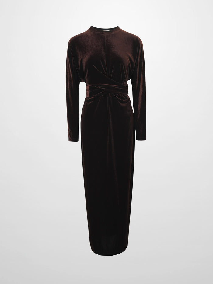 Velour Wrap Tie Maxi Dress-Brown
