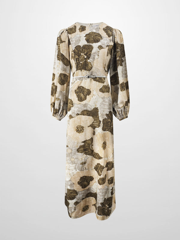 Belted Full Sleeve Dress-Floral