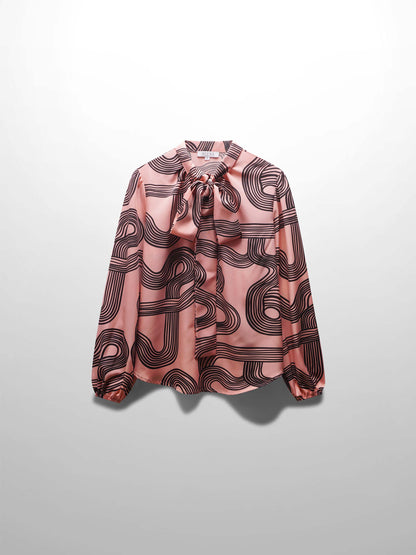 Front Placket Bow Blouse-Black Swirl