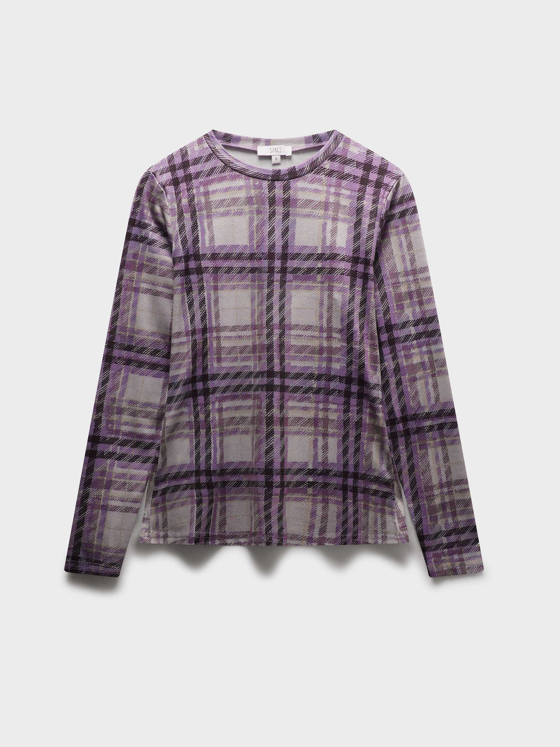 Stretch Printed Crew Top-Lavender Plaid