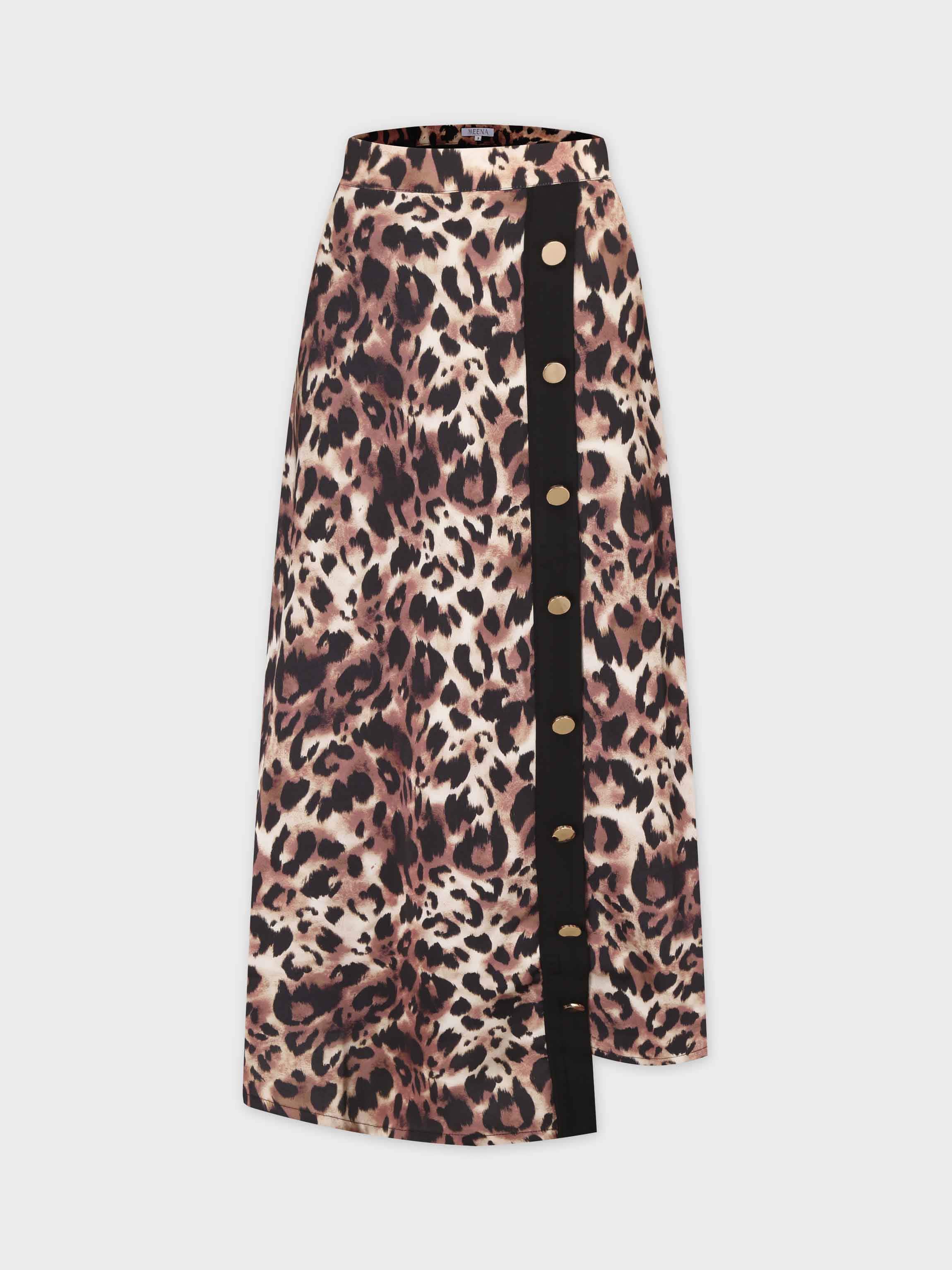 Asymmetrical Pleat Skirt-Leopard Print