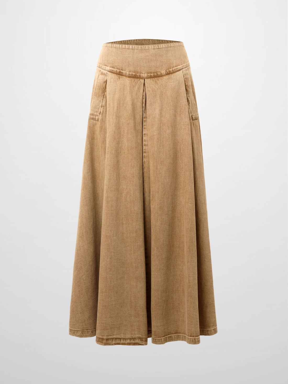 Inverted Yoke Pleat Denim Skirt-Light Tan