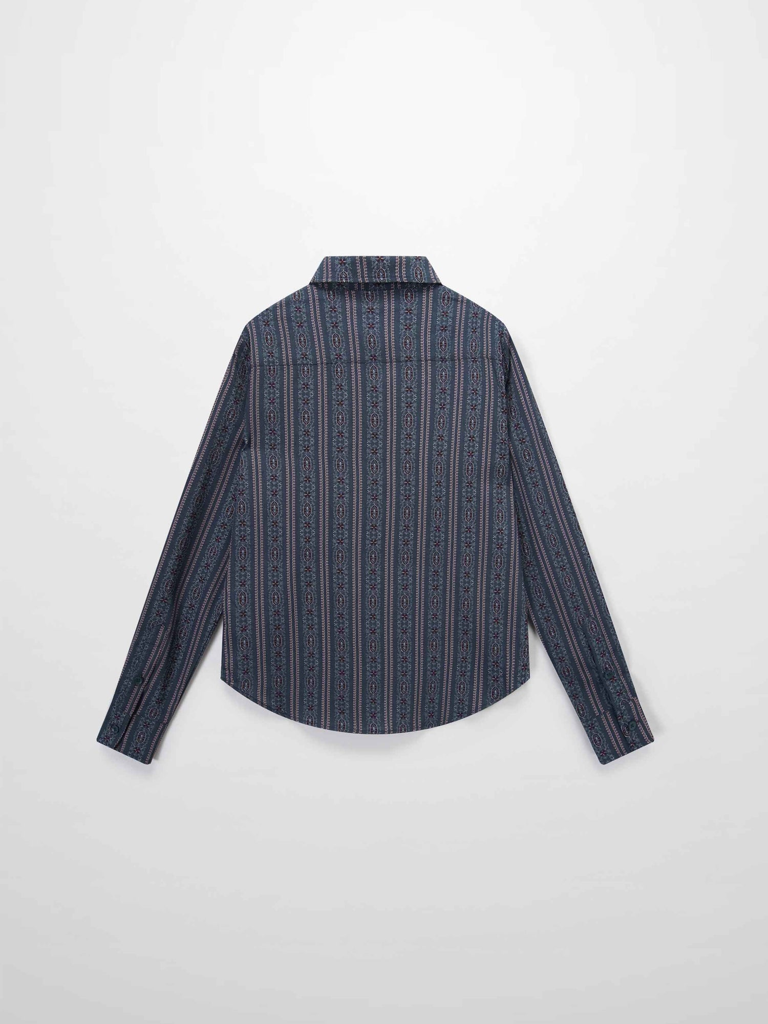 Button Down Flower Print Blouse-Blue Striped Medallion