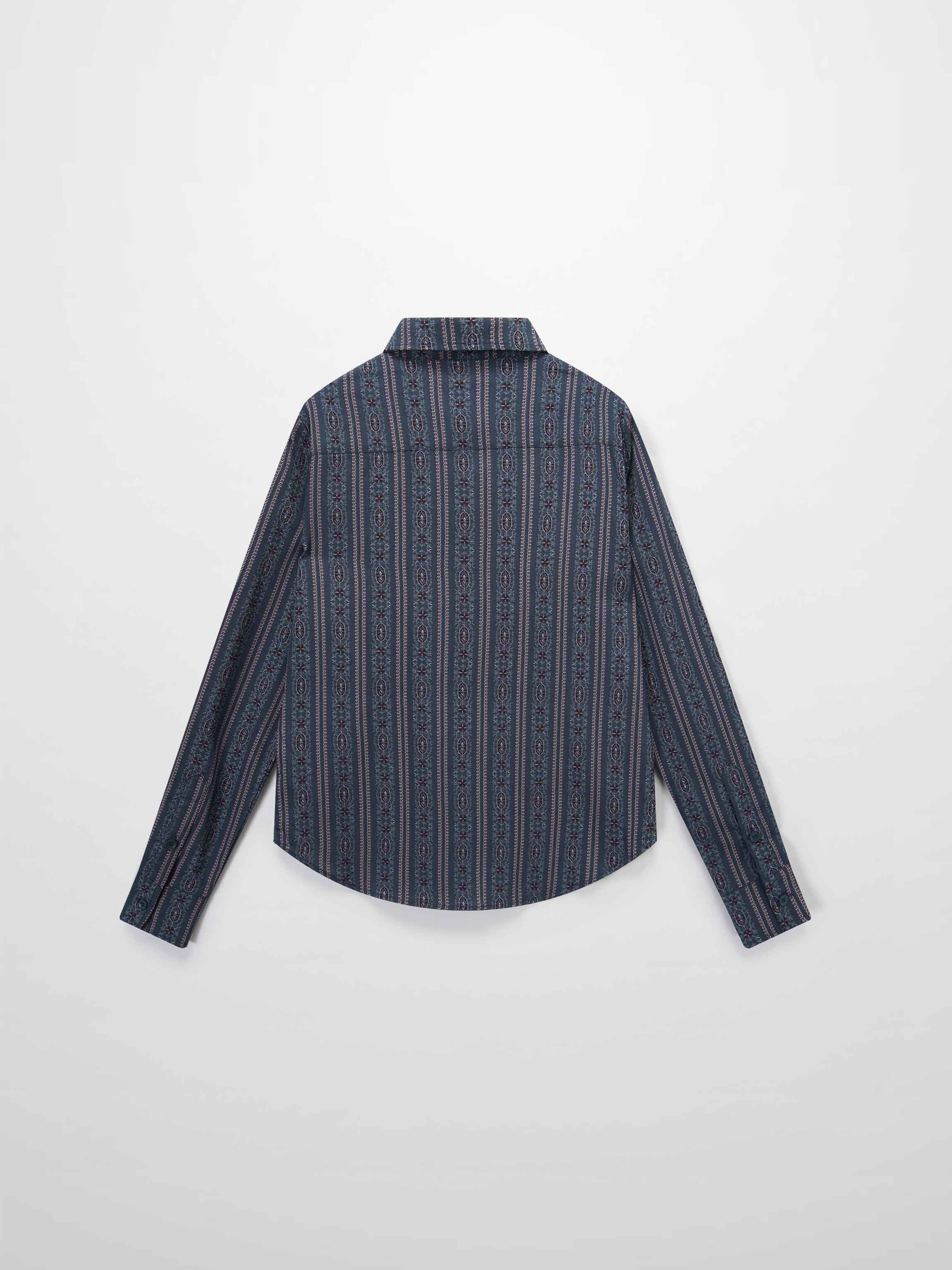 Button Down Flower Print Blouse-Blue Striped Medallion