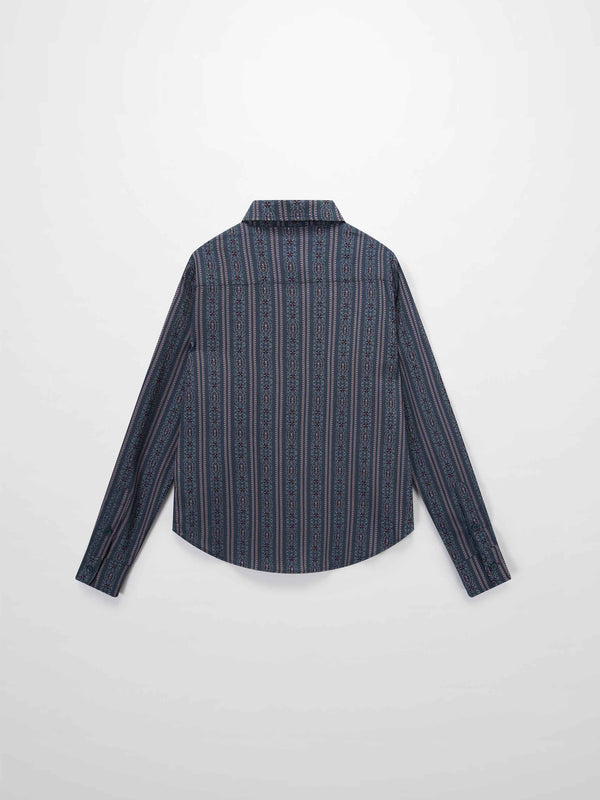 Button Down Flower Print Blouse-Blue Striped Medallion