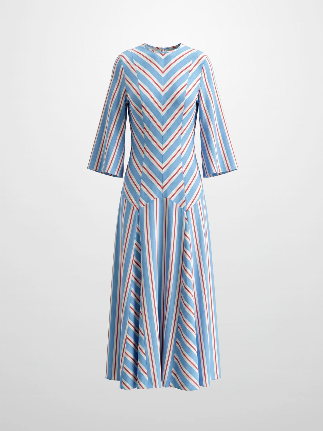 Striped Flare Sleeve Dress-Light Blue/White