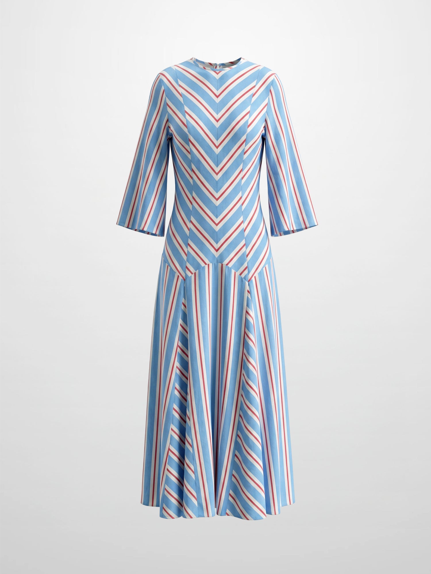 Striped Flare Sleeve Dress-Light Blue/White