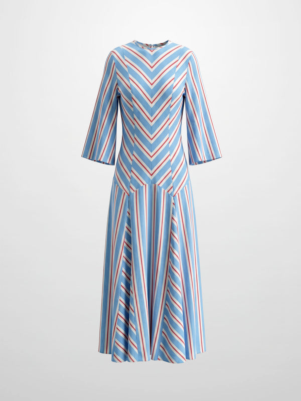 Striped Flare Sleeve Dress-Light Blue/White