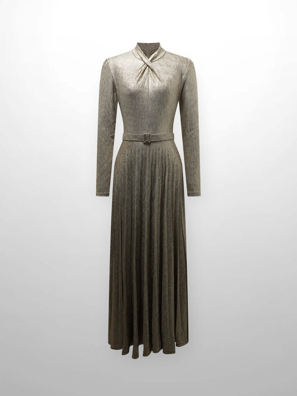 Shimmer Front Knot Pleat Dress 50"-Gold