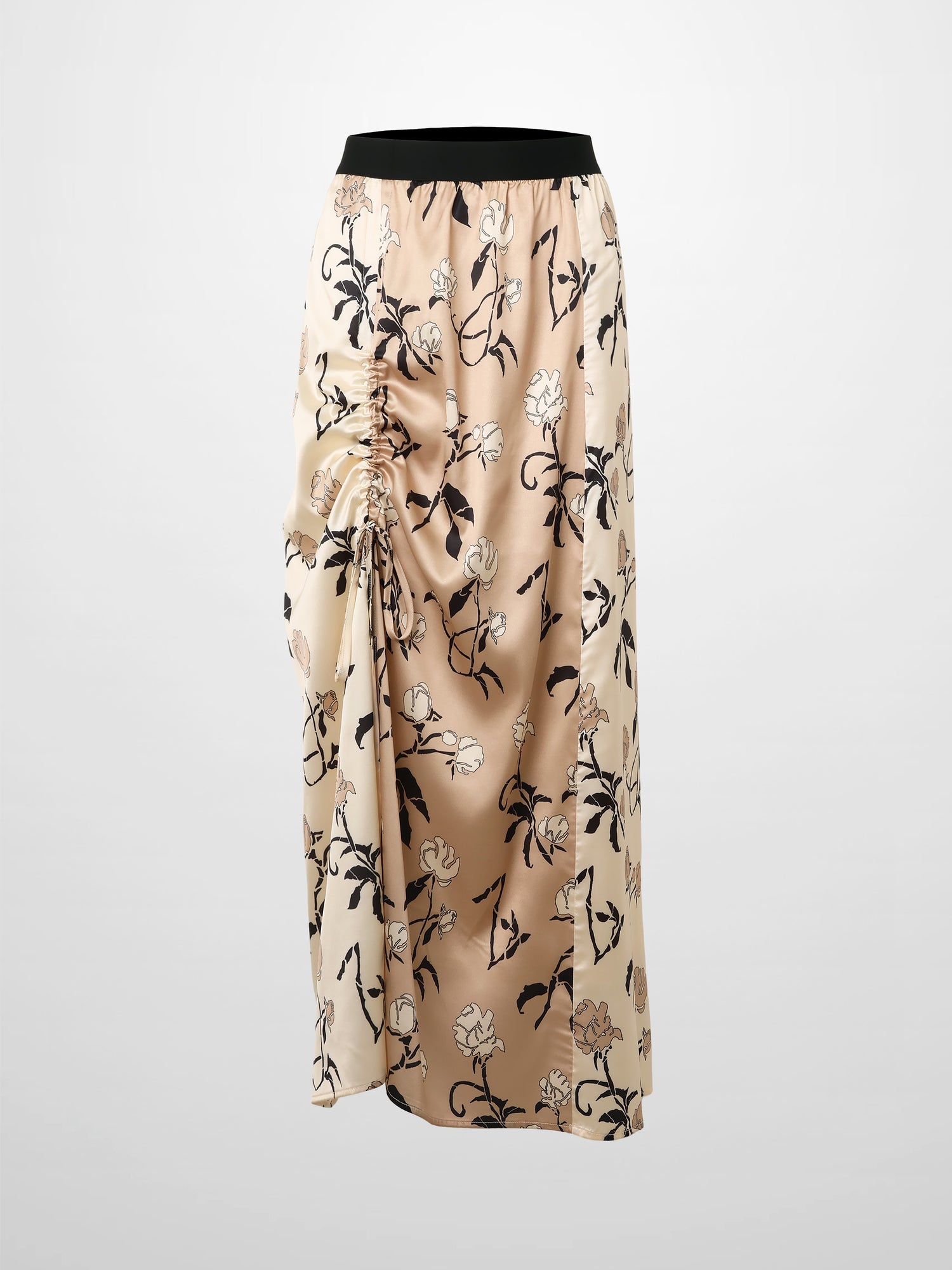 Side Shirred Skirt-Tan Floral