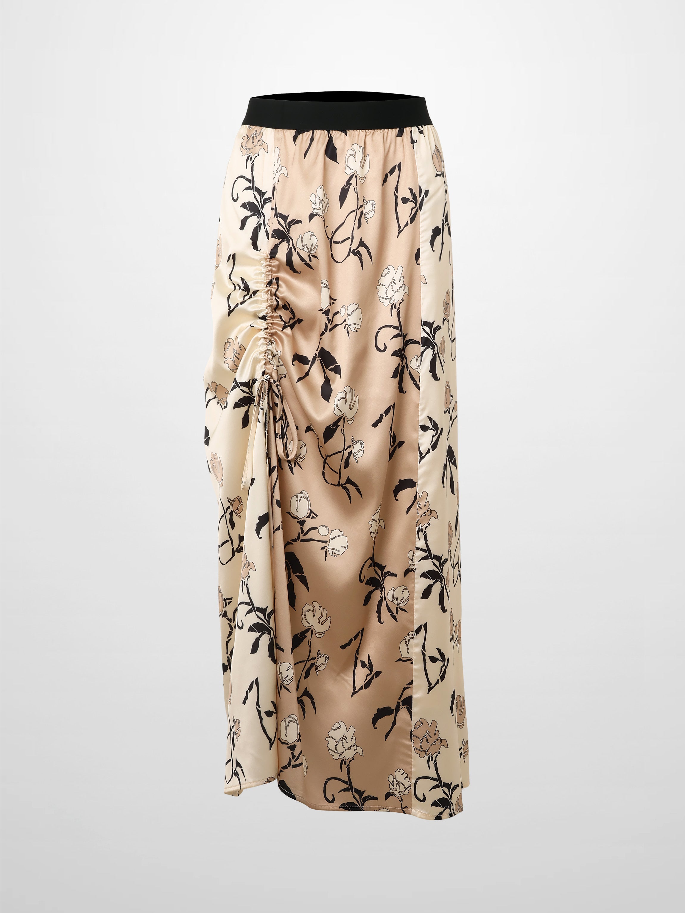 Side Shirred Skirt-Tan Floral