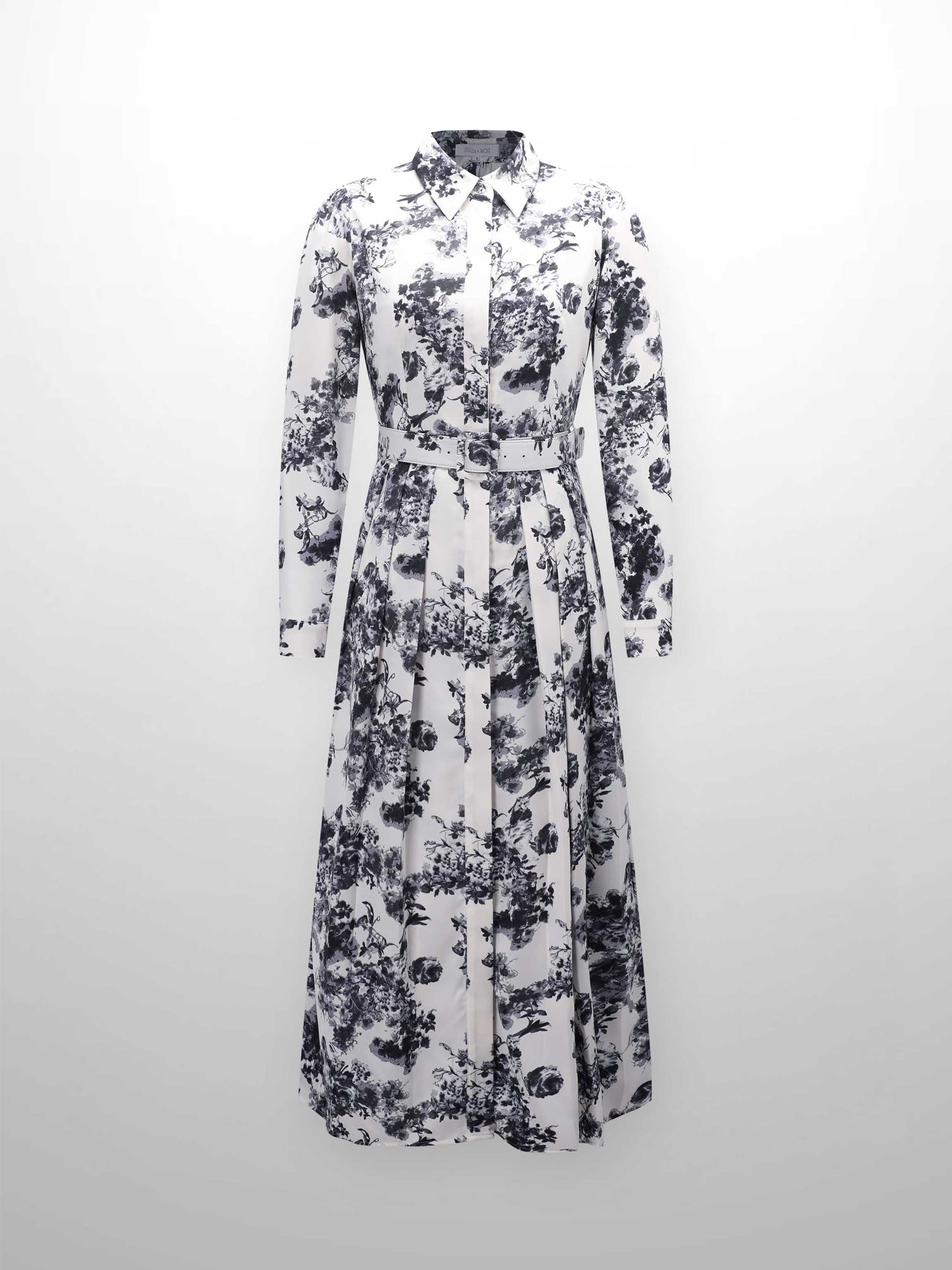 Belted Waist Pleat Shirtdress-Cream/Blue Floral