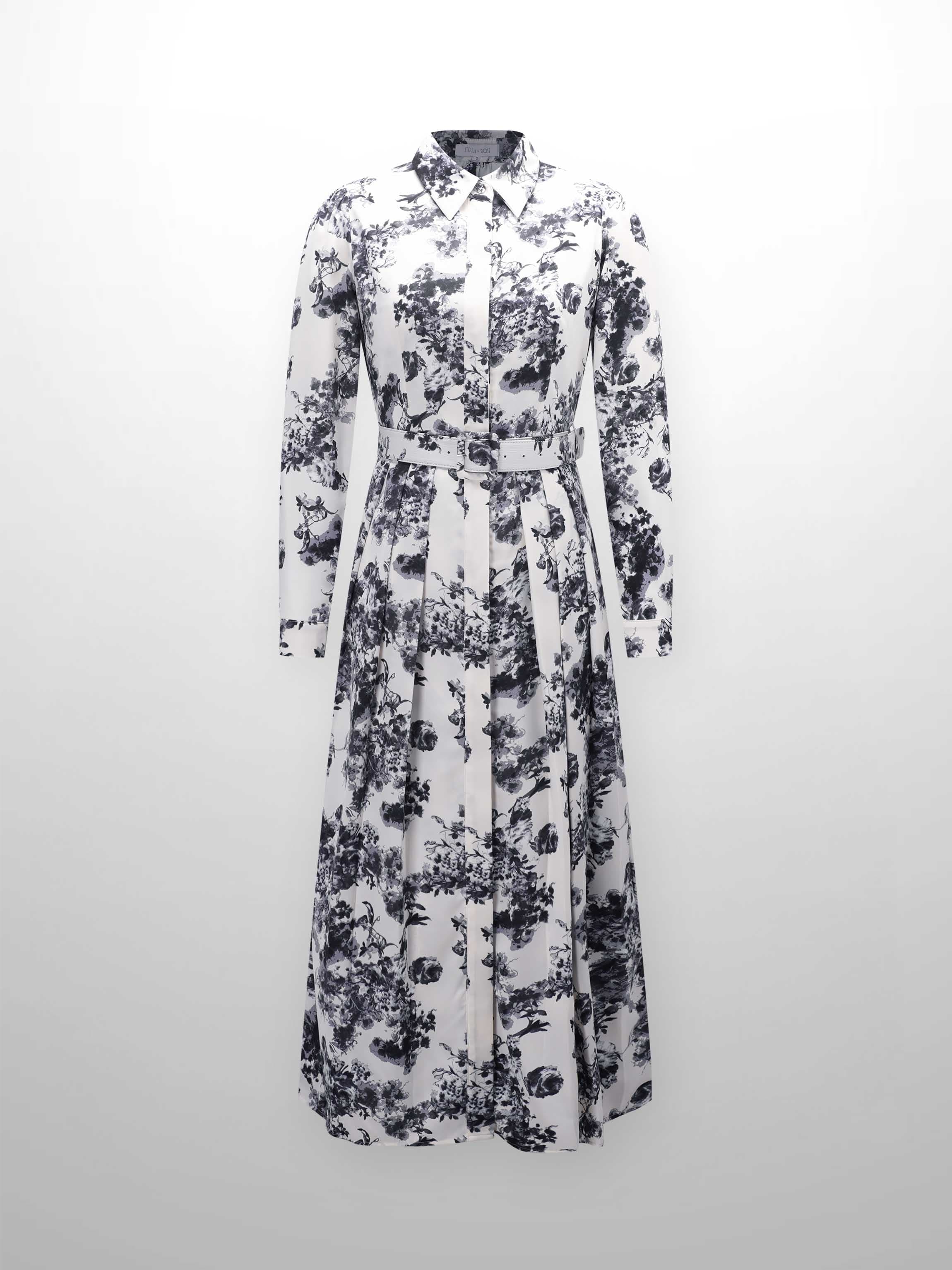 Belted Waist Pleat Shirtdress-Cream/Blue Floral