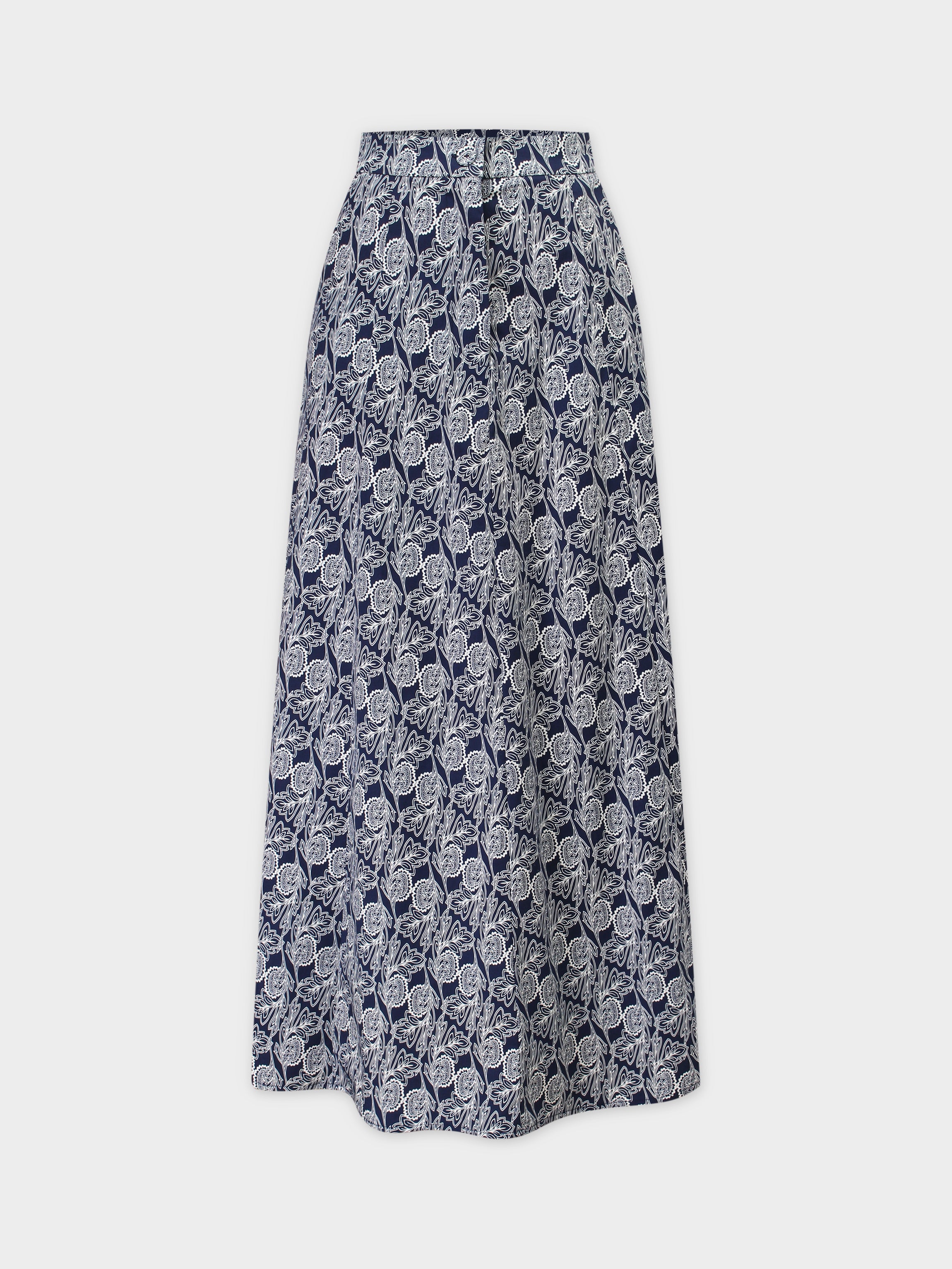 Pattern A-Line Seamed Skirt-Navy Branches