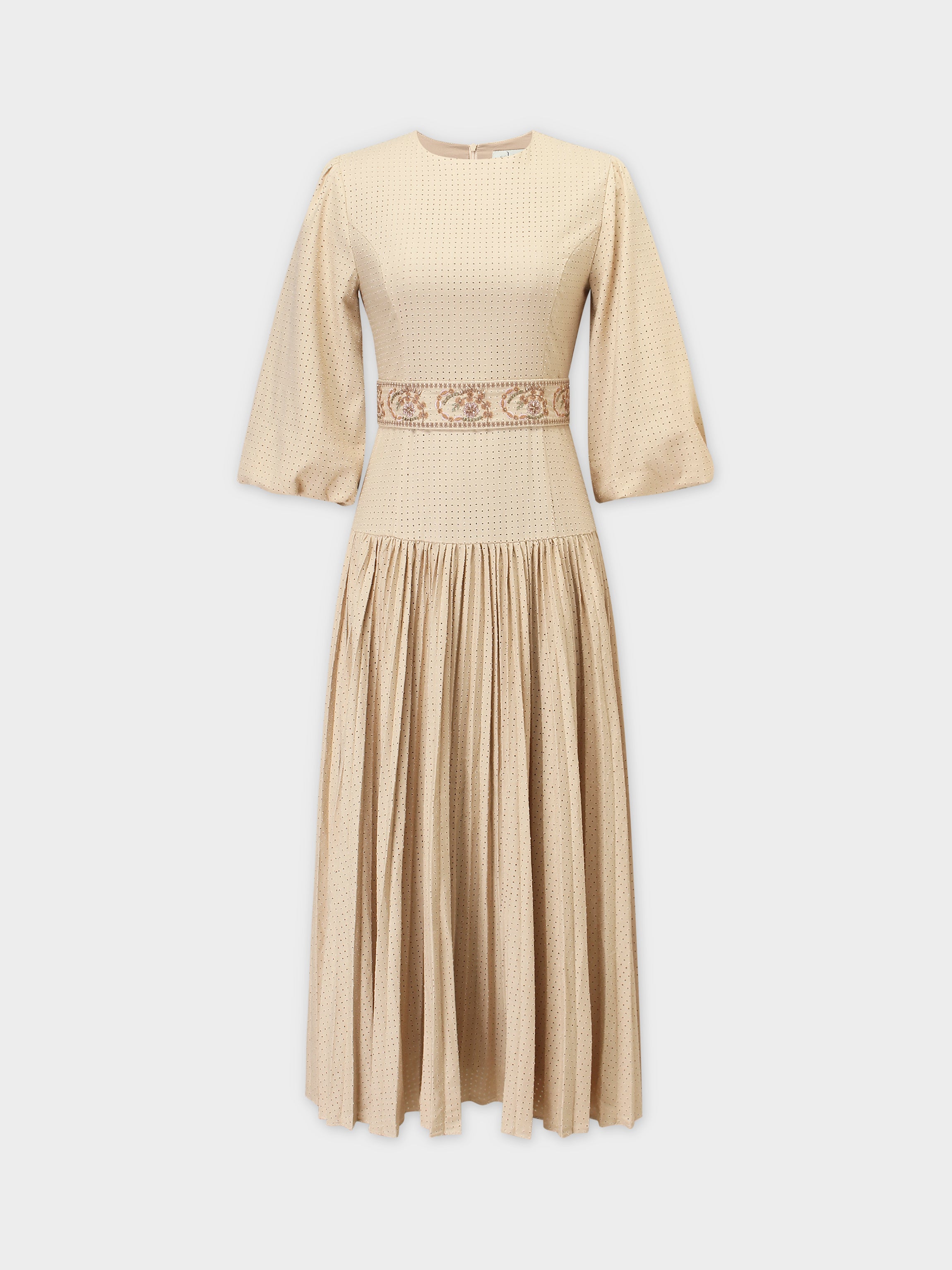 PERFORATED PLEAT DRESS-CREAM