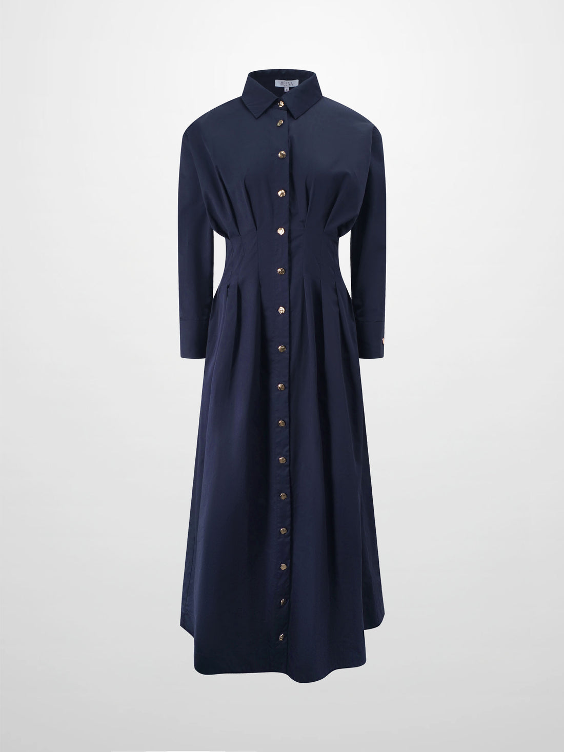 Pleat Waist Button Down Dress-Navy
