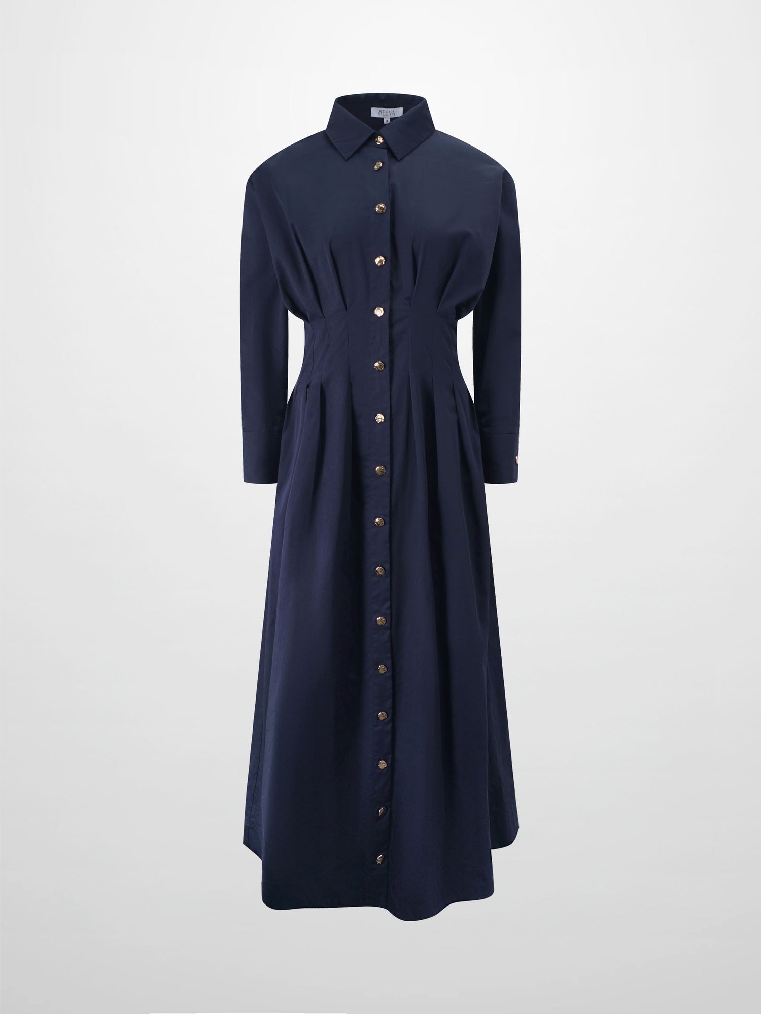 Pleat Waist Button Down Dress-Navy