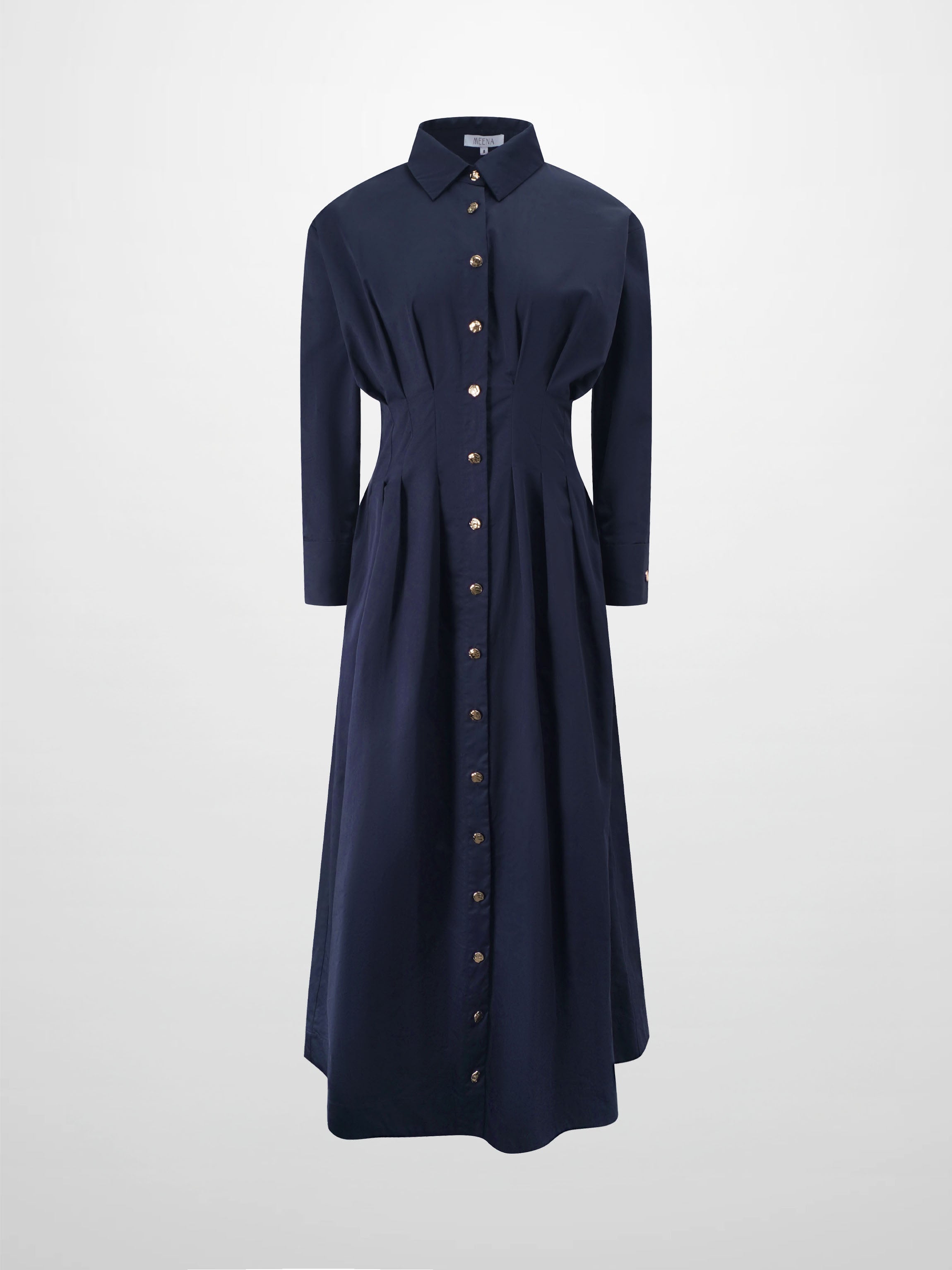 Pleat Waist Button Down Dress-Navy