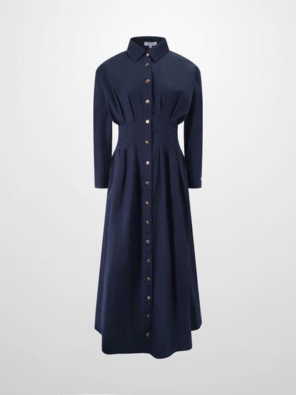 Pleat Waist Button Down Dress-Navy
