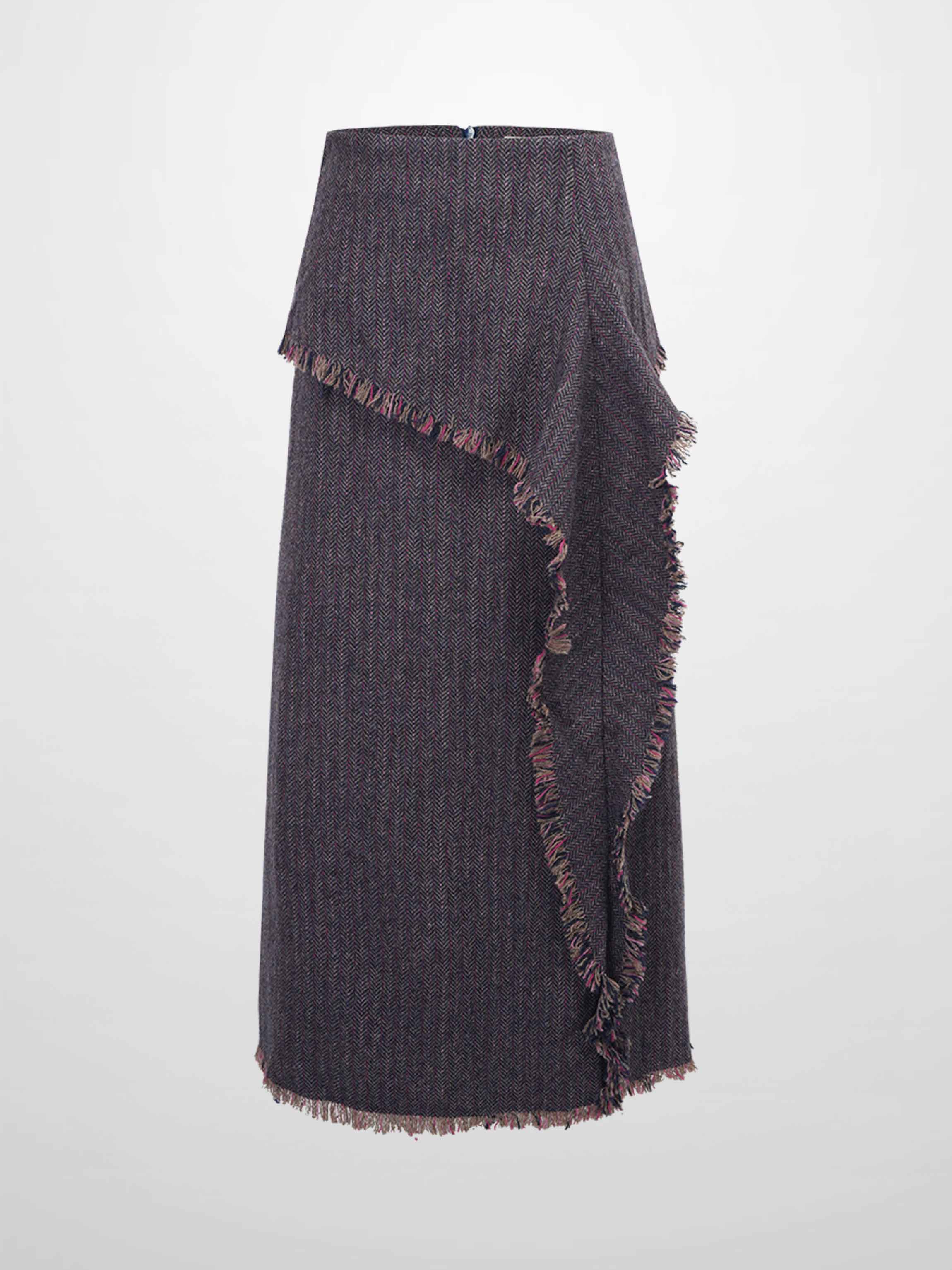 Tweed Herringbone Fringe Skirt 35&quot;-Pink/Purple