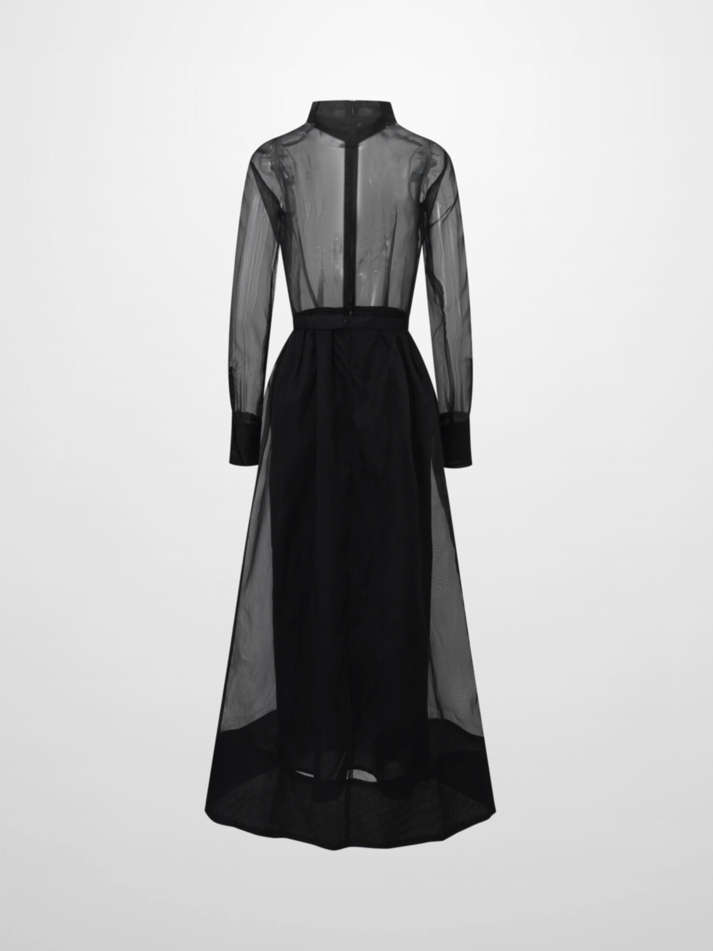 Organza Belted Shirtdress-Black