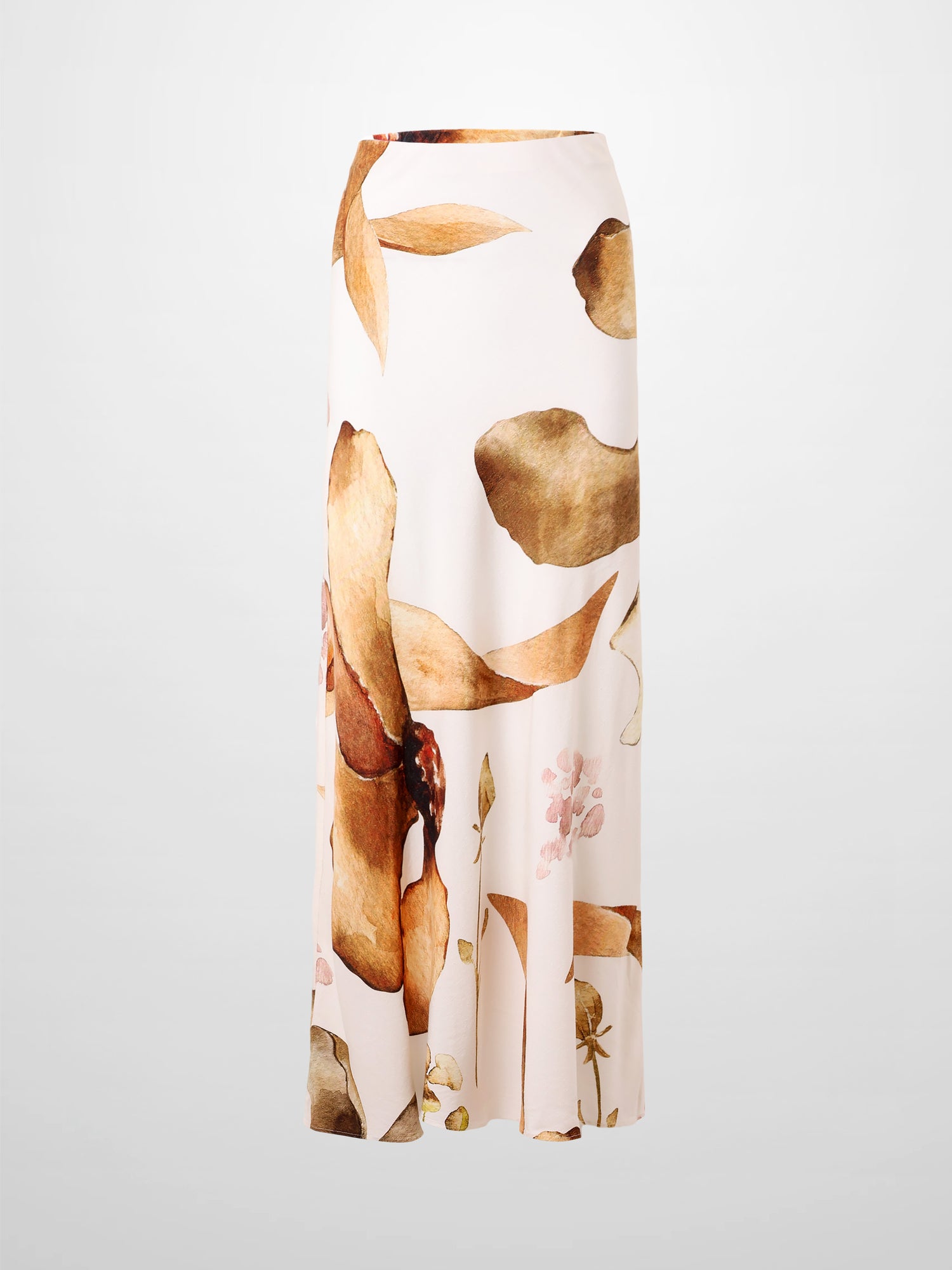 Printed Linen Blend Slip Skirt-Brown Floral