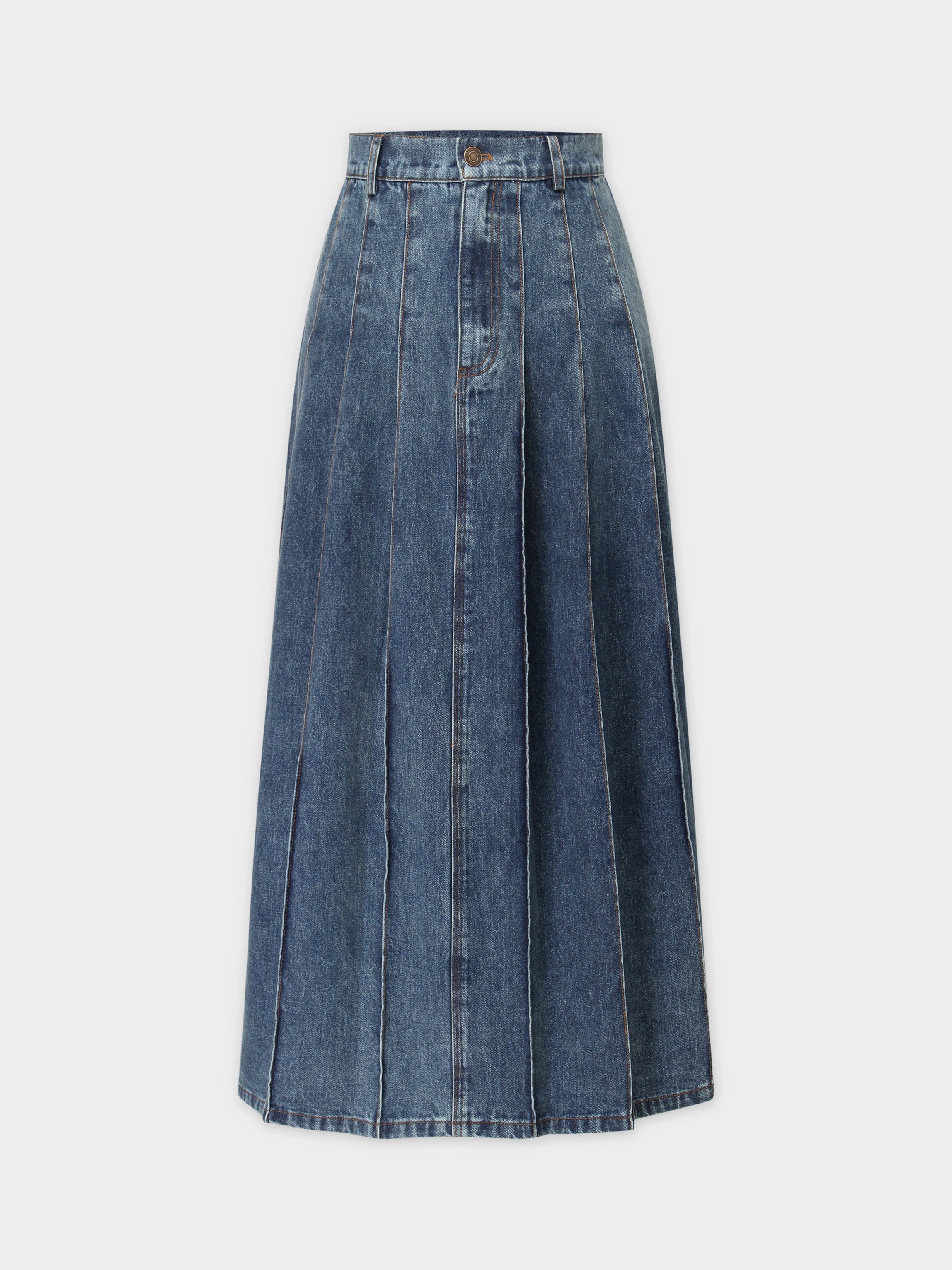 Dark blue pleated denim skirt best sale