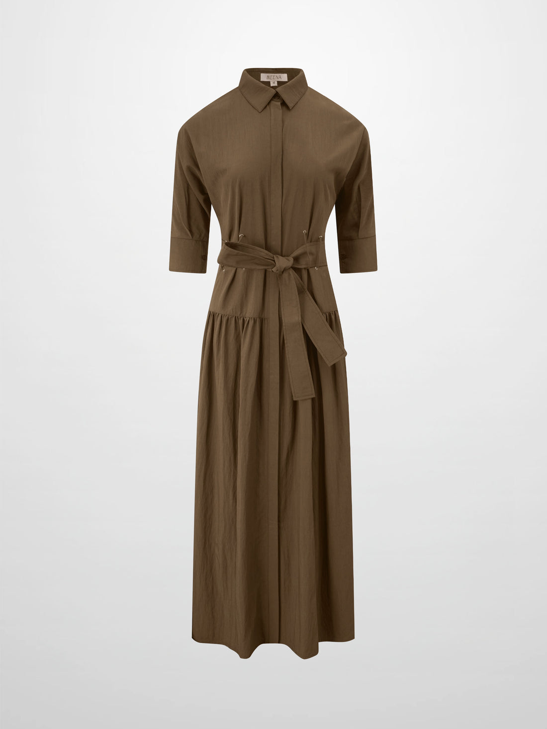 Cotton Yoke Gathered Dress-Brown
