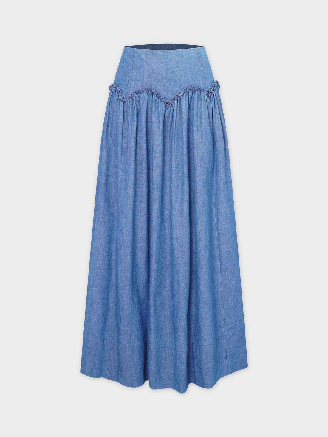 Curved Yoke Ruffle Denim Skirt - Blue