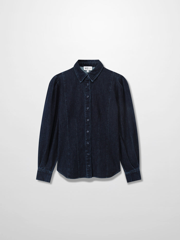 Puff Sleeve Denim Shirt-Blue