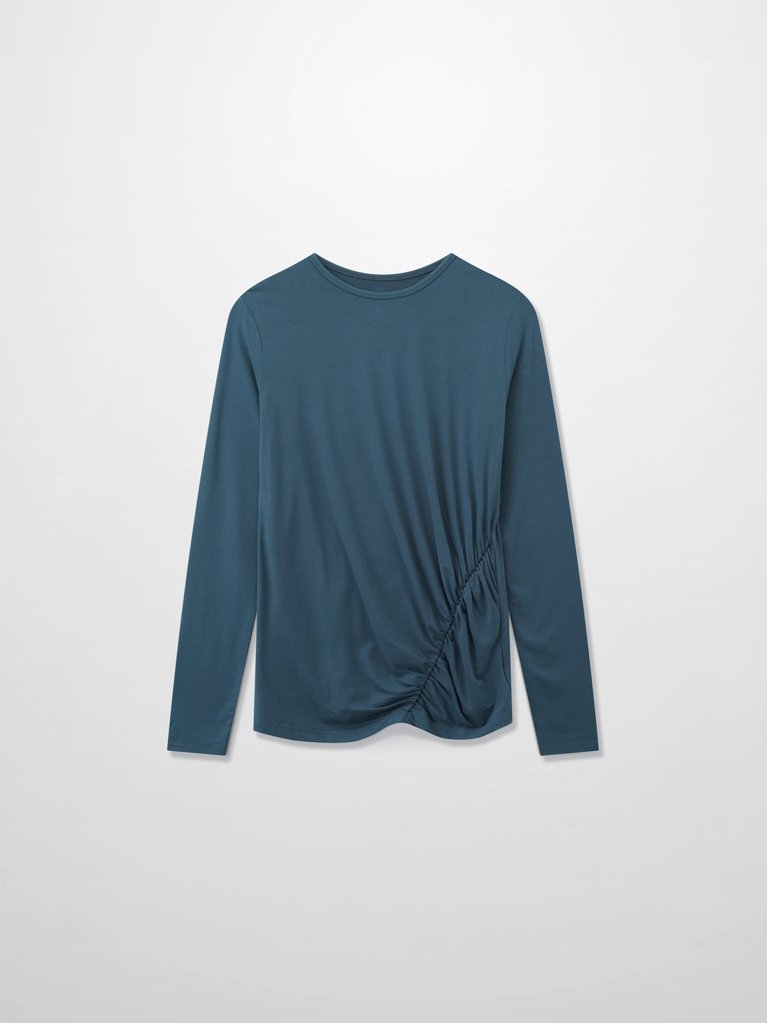 Curved Gathered Detailed T-Shirt-Denim Blue