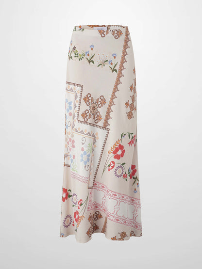 Printed Linen Blend Slip Skirt-Aztec Floral
