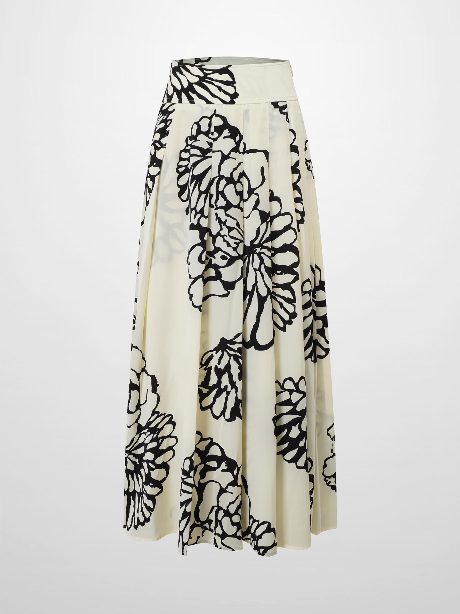 Printed Yoke Pleated Skirt-Cream/Black Floral