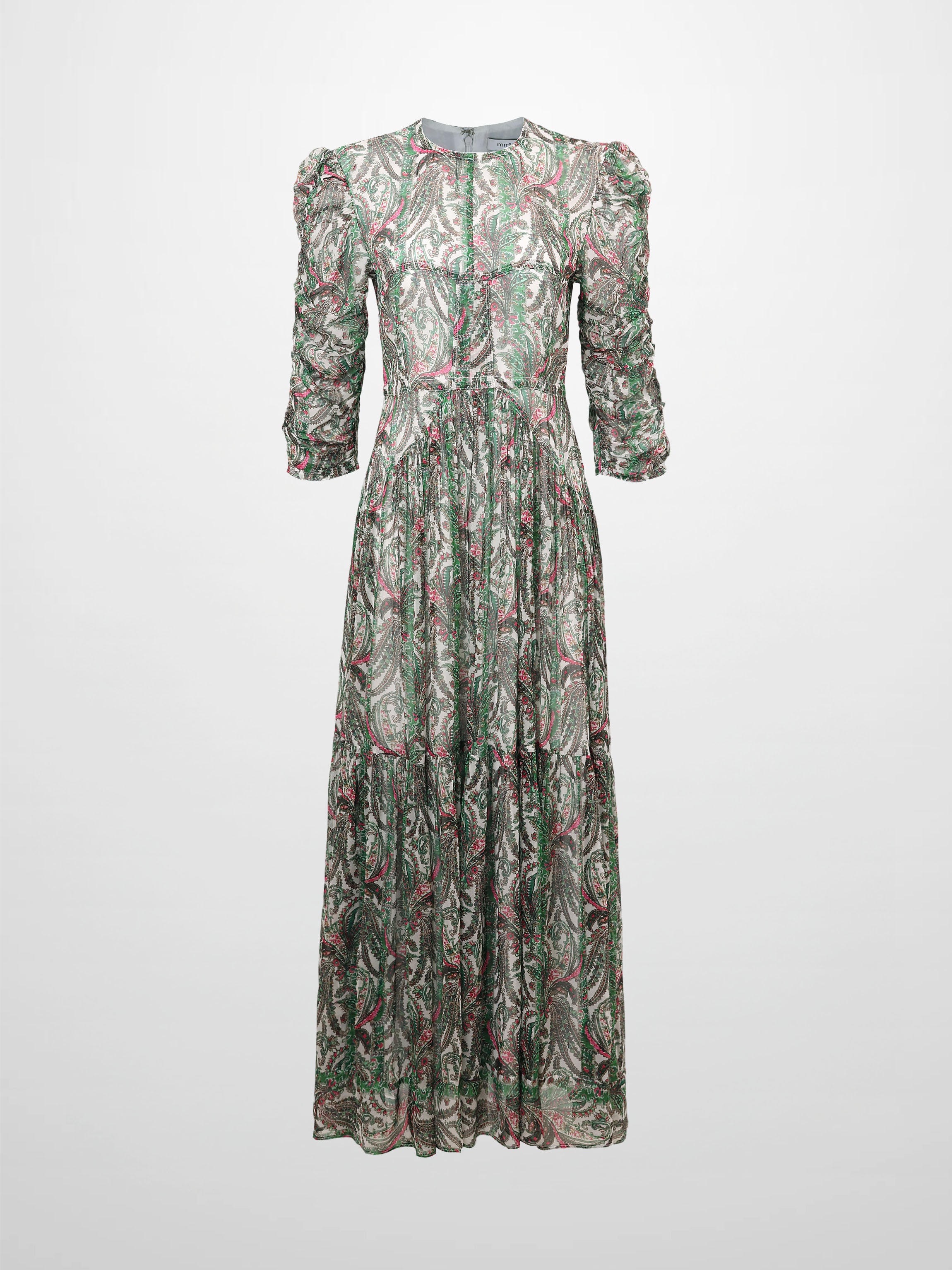 Shirred Sleeve Dress-Green Paisley