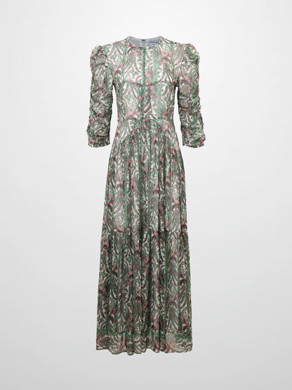 Shirred Sleeve Dress-Green Paisley