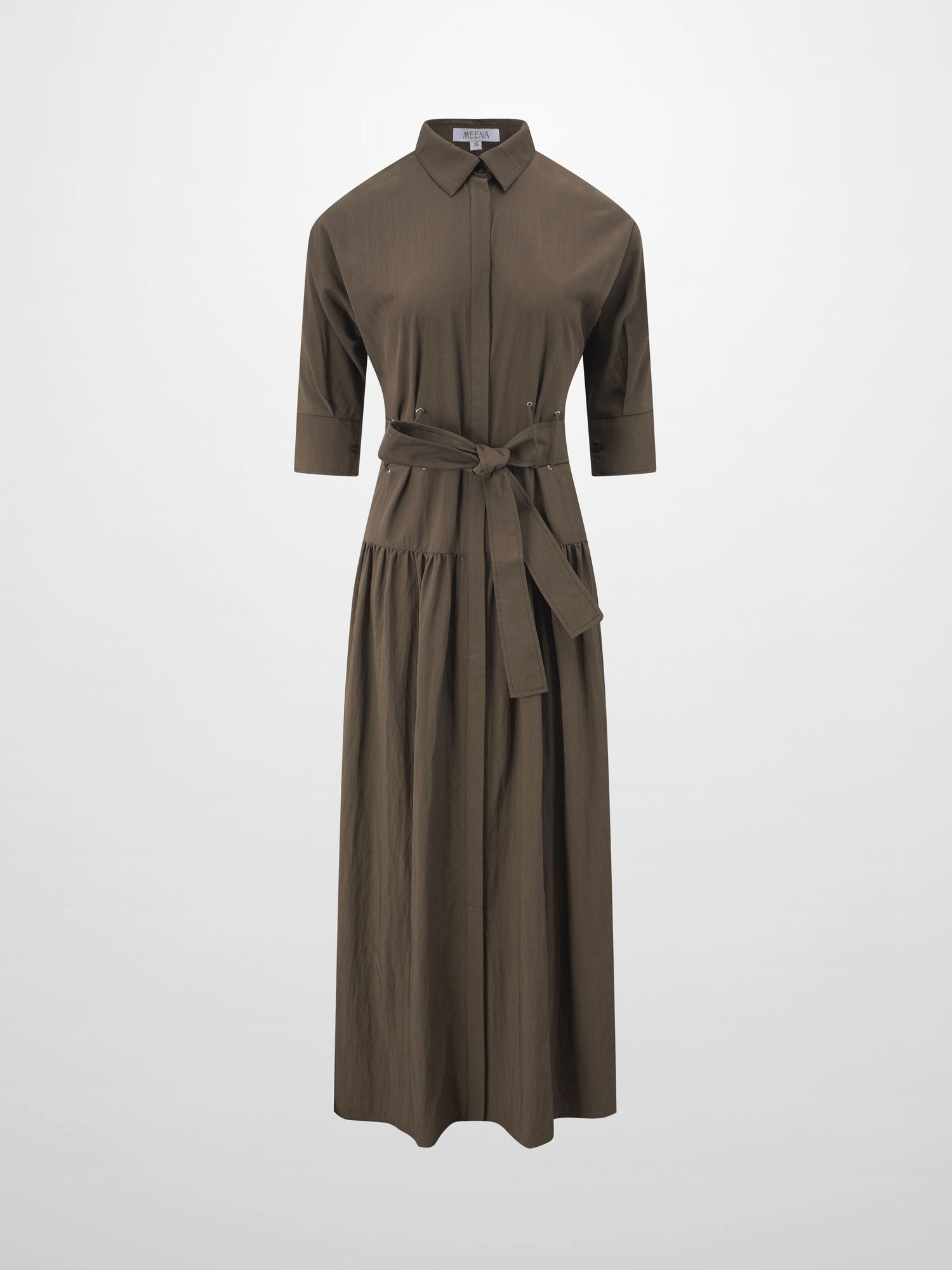 Cotton Yoke Gathered Dress-Brown