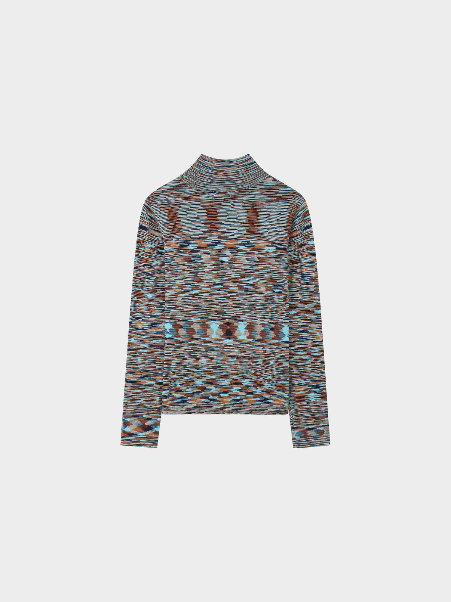 Abstract Stripe Knit Turtleneck-Light Blue/Brown