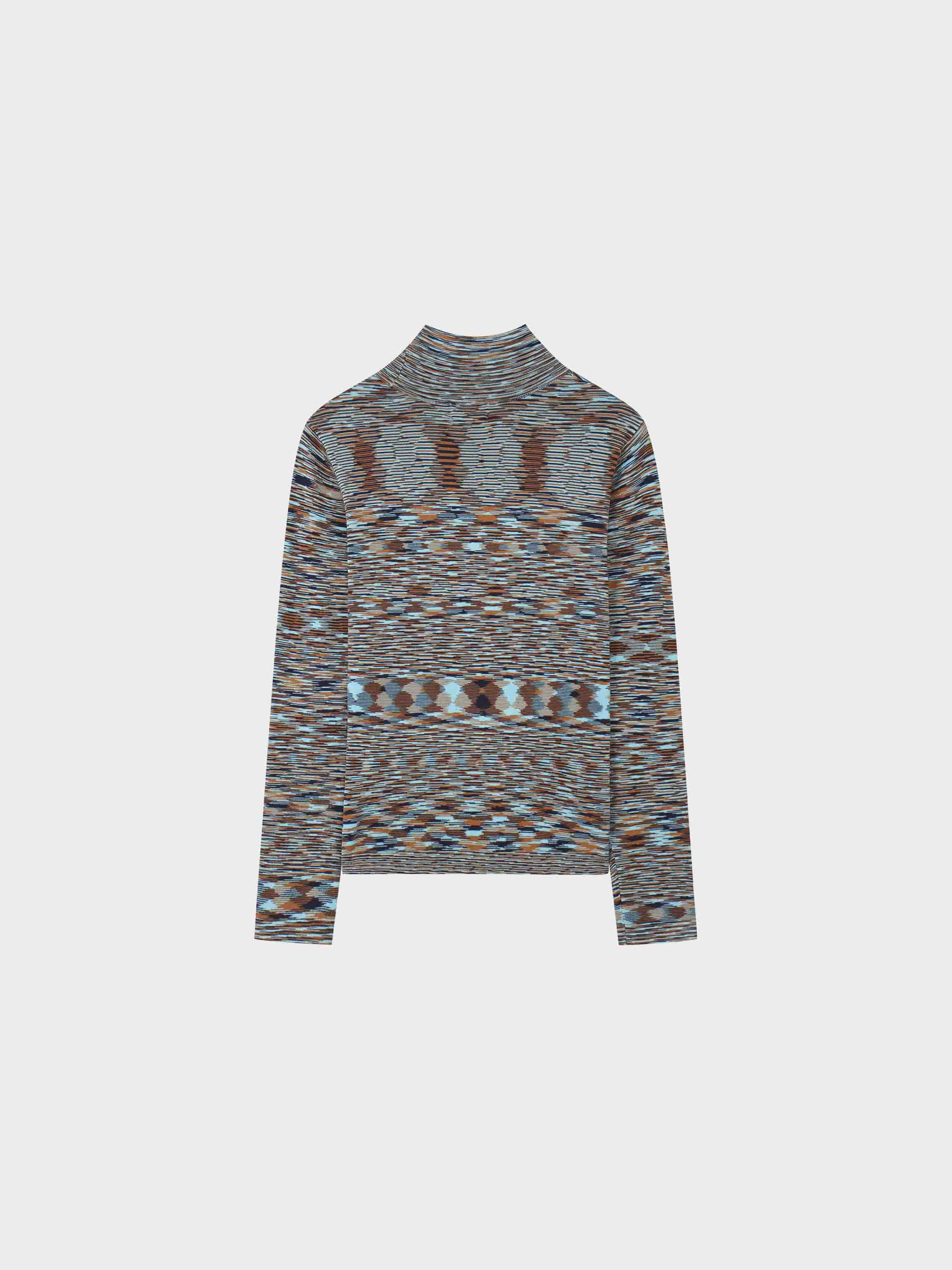 Abstract Stripe Knit Turtleneck-Light Blue/Brown