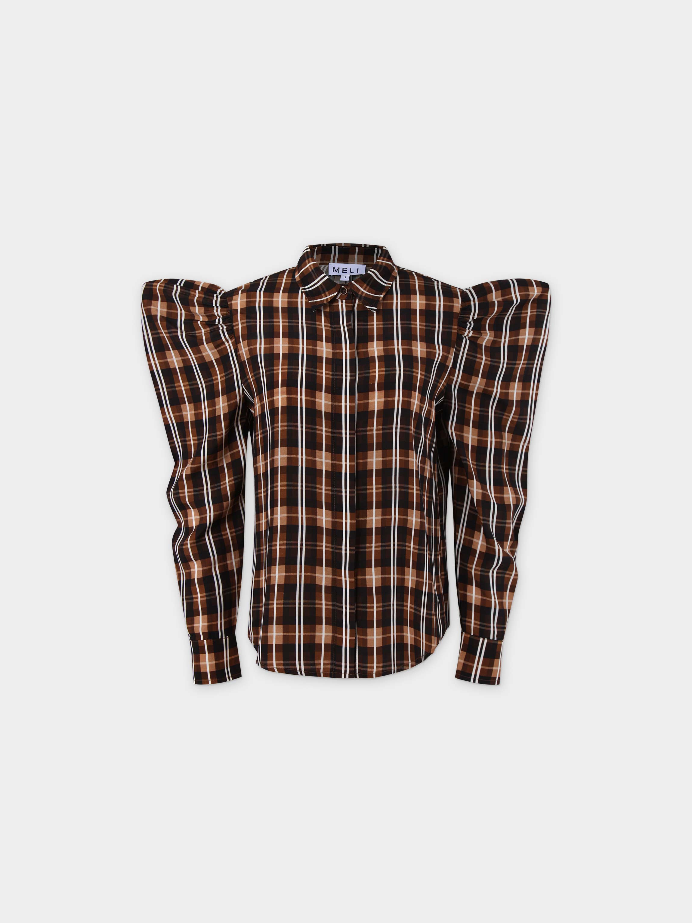 Puff Sleeve Blouse-Brown Plaid