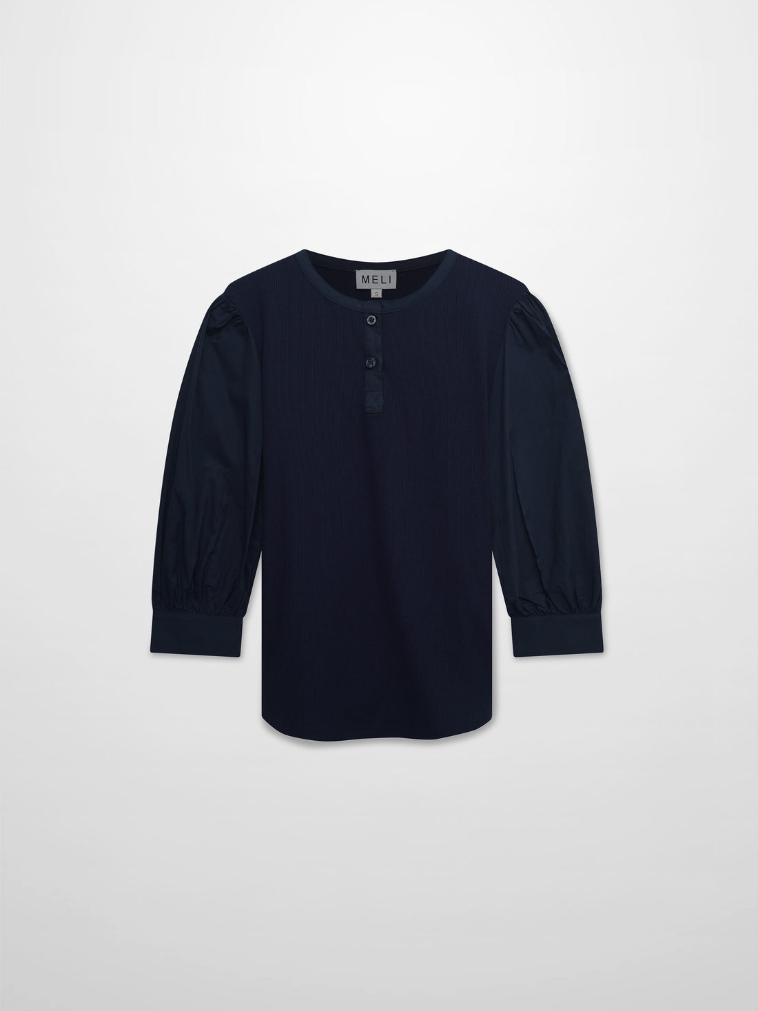 Puff Sleeve Ribbed T-Shirt-Navy
