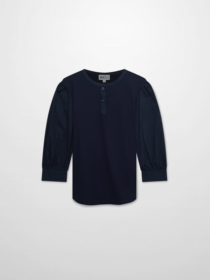 Puff Sleeve Ribbed T-Shirt-Navy