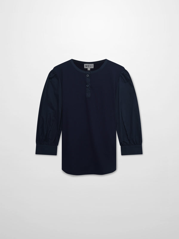 Puff Sleeve Ribbed T-Shirt-Navy